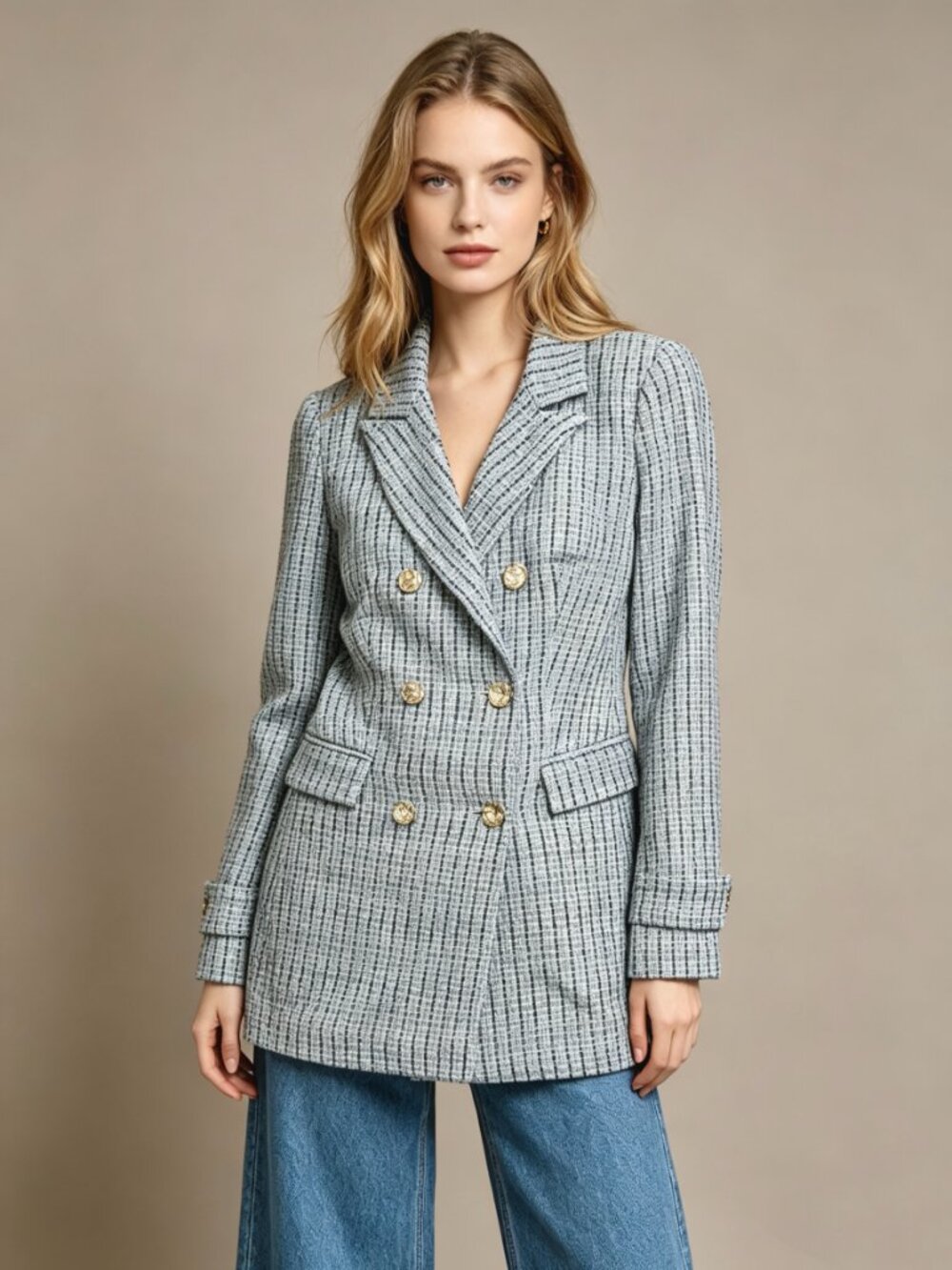 NWOT Marciano by Guess Women Tweed Double Breasted Blazer Coat Jacket Blue Sz S